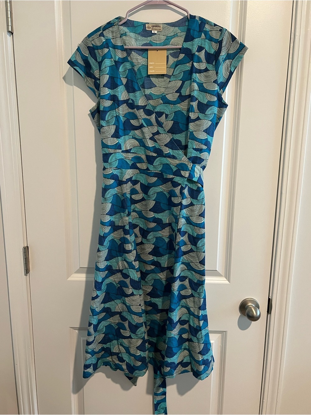 Apsara Blue Wave-Print Wrap Dress with Tie Waist NWT cotton